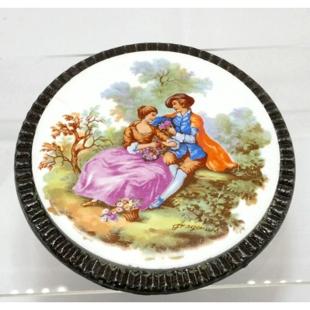 Vintage Starlight 1970s Belt Buckle Fragonard Limoges Courting Couple Porcelain